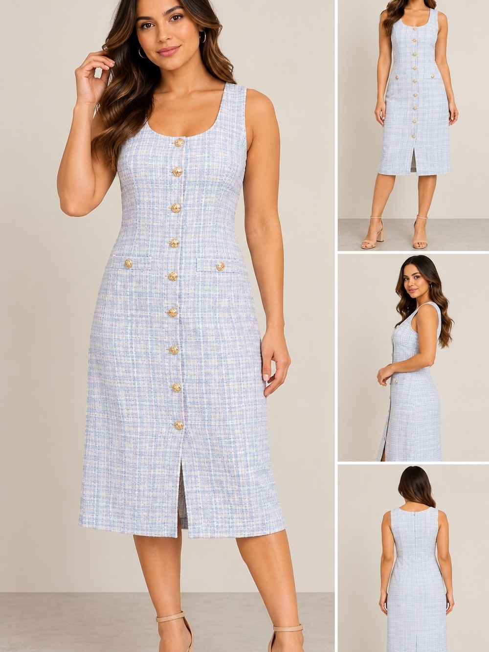 Sugarlips Light Blue Tweed Button-Front Midi Dress